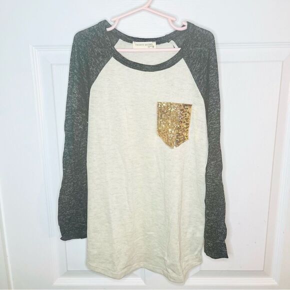 Twenty Second 22nd Long Sleeve Raglan Tee Gold Sequin Pocket Cream 10 / 11 - Picture 5 of 9